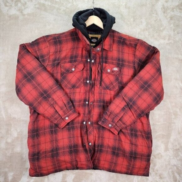 Dickies Jacket Plaid Full Zip Snap Buttons Pockets Hooded Mens Size XXXL 3XL EUC - Picture 1 of 16